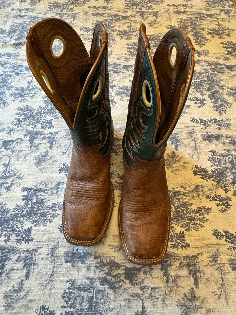 Men's Brown Leather Western Boots with Dark Green Shaft - Classic Cowboy Style
